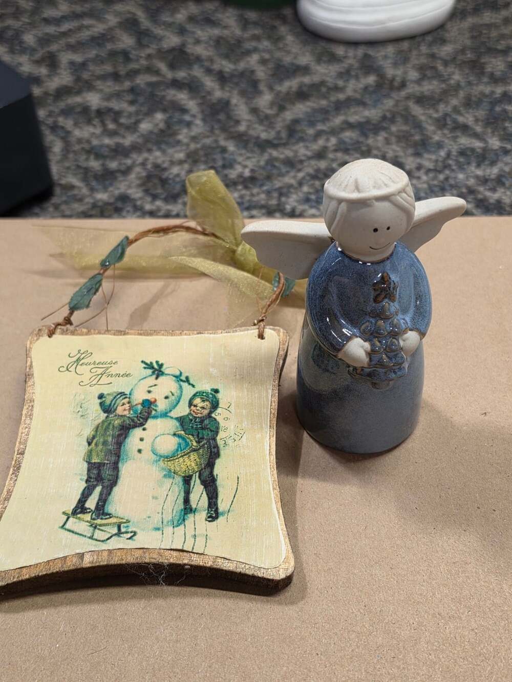 Ceramic Blue Angel Figurine Holding Tree Christmas Decor